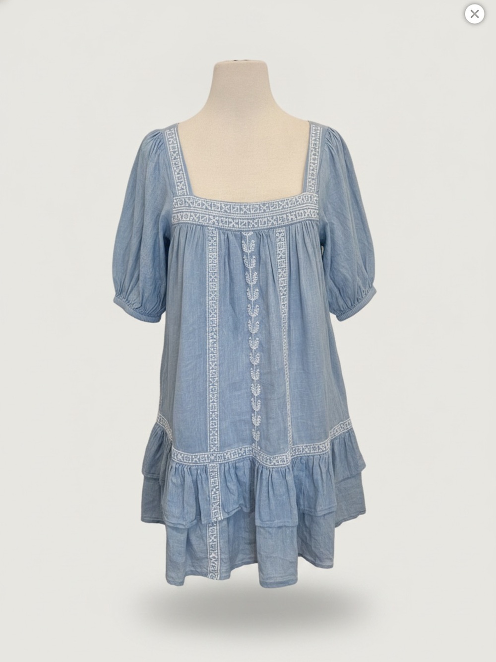 Shore Light Blue Embroidered Square Neck Babydoll Dress